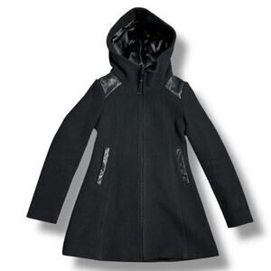 Mackage Hooded Wool Leather Coat Black Military Moto Minimalist XS